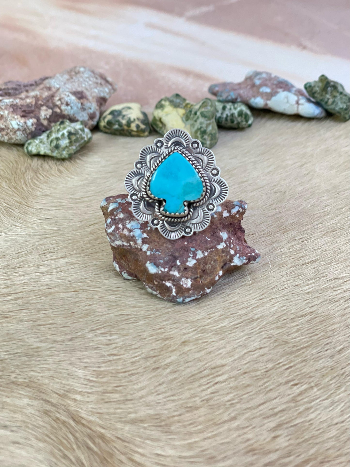 Handmade Sterling Silver Kingman Turquoise Adjustable Ring, Signed Nizhoni