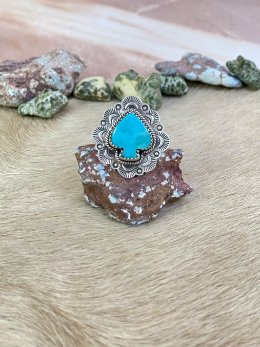 Handmade Sterling Silver Kingman Turquoise Adjustable Ring, Signed Nizhoni