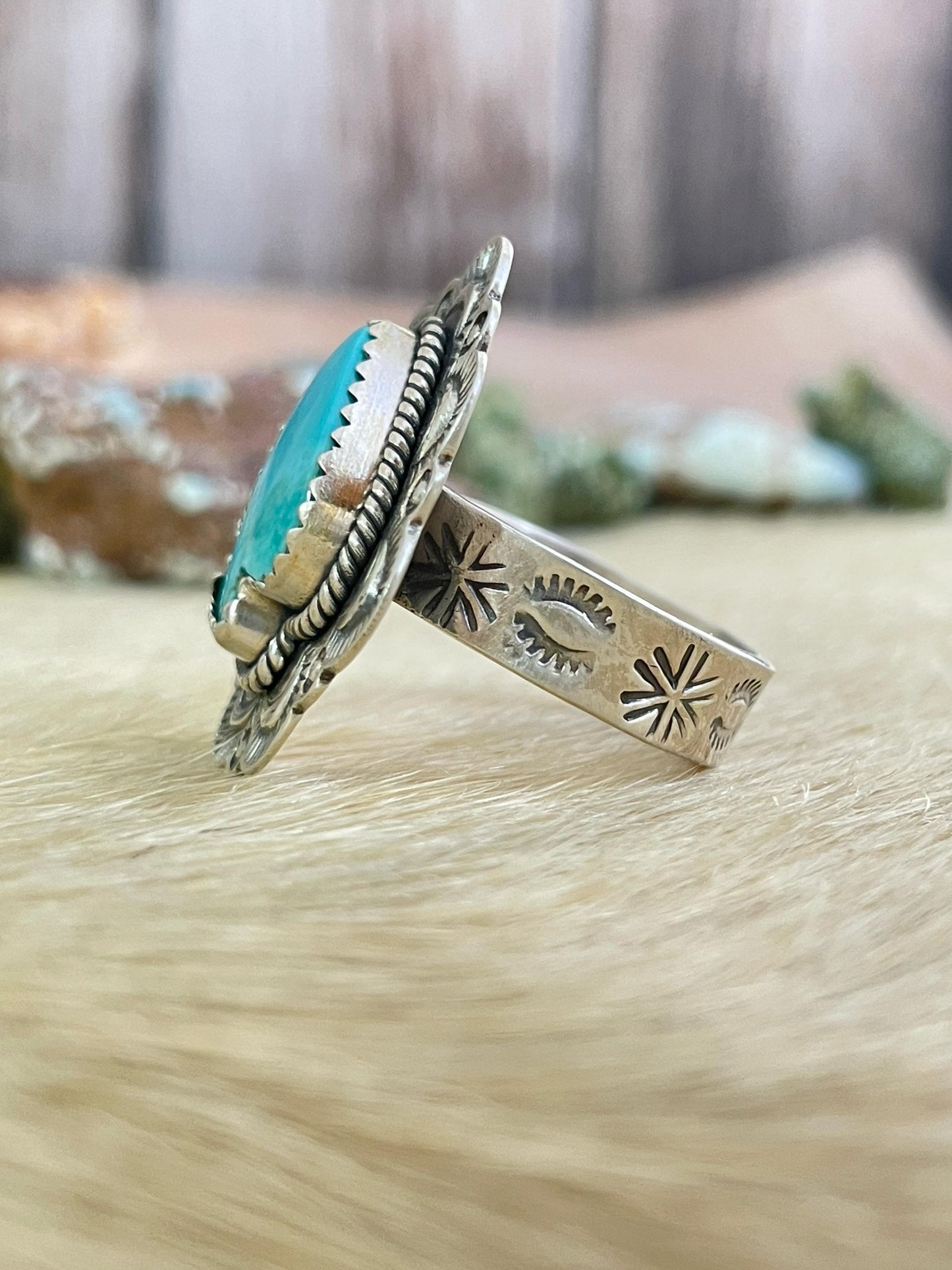 Handmade Sterling Silver Kingman Turquoise Adjustable Ring, Signed Nizhoni