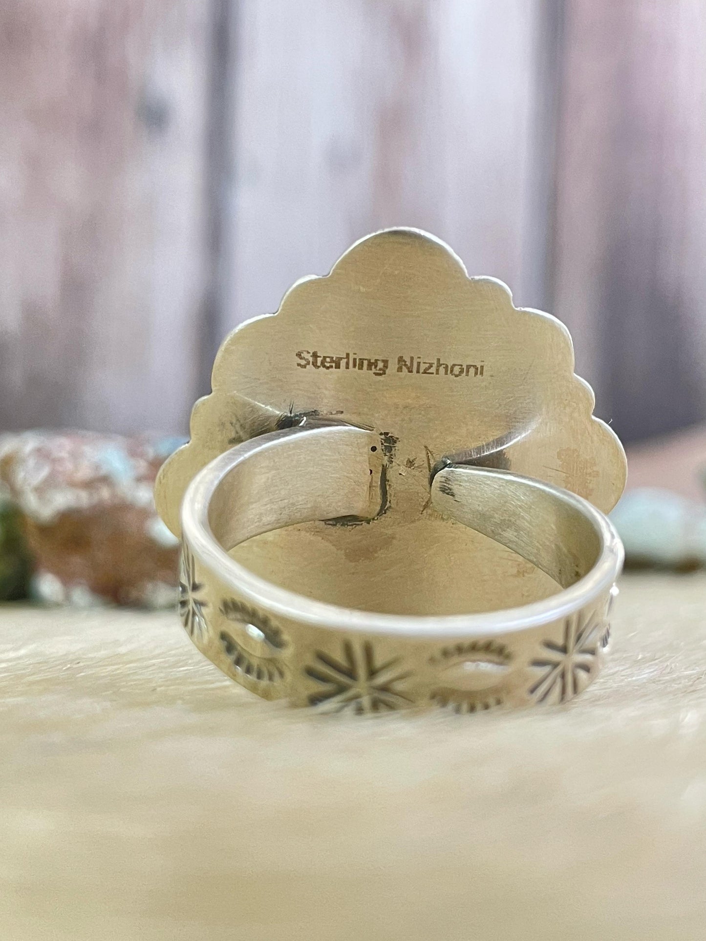 Handmade Sterling Silver Kingman Turquoise Adjustable Ring, Signed Nizhoni