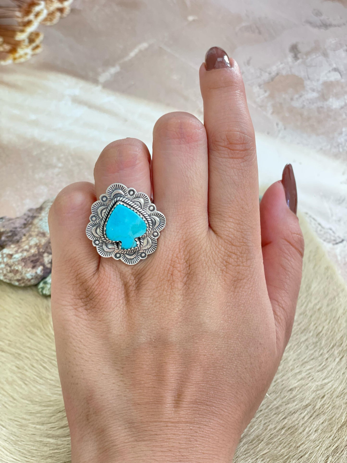 Handmade Sterling Silver Kingman Turquoise Adjustable Ring, Signed Nizhoni