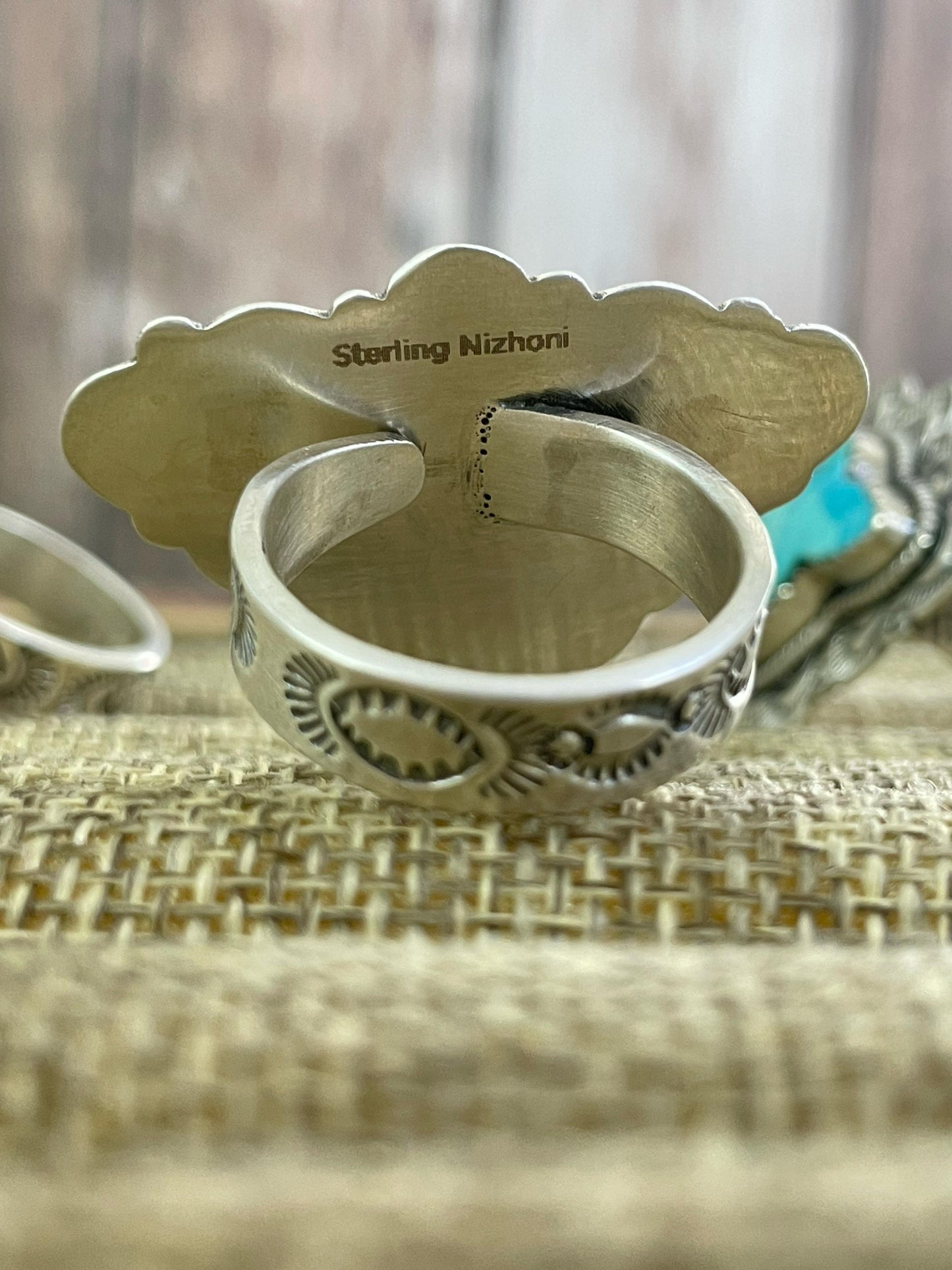 Handmade Silver Sterling Royston, Red Rose Dahlia, Kingman, Lapis Lazuli Adjustable Cow Head Ring with Signed Nizhoni