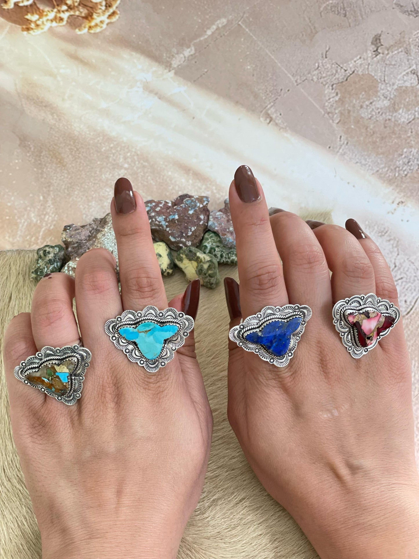 Handmade Silver Sterling Royston, Red Rose Dahlia, Kingman, Lapis Lazuli Adjustable Cow Head Ring with Signed Nizhoni