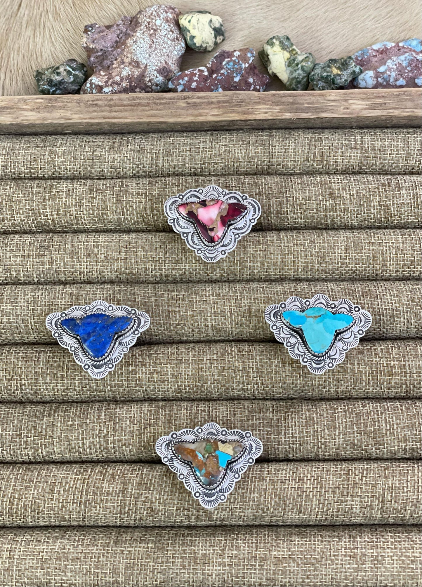Handmade Silver Sterling Royston, Red Rose Dahlia, Kingman, Lapis Lazuli Adjustable Cow Head Ring with Signed Nizhoni