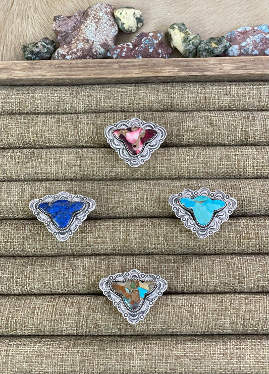 Handmade Silver Sterling Royston, Red Rose Dahlia, Kingman, Lapis Lazuli Adjustable Cow Head Ring with Signed Nizhoni