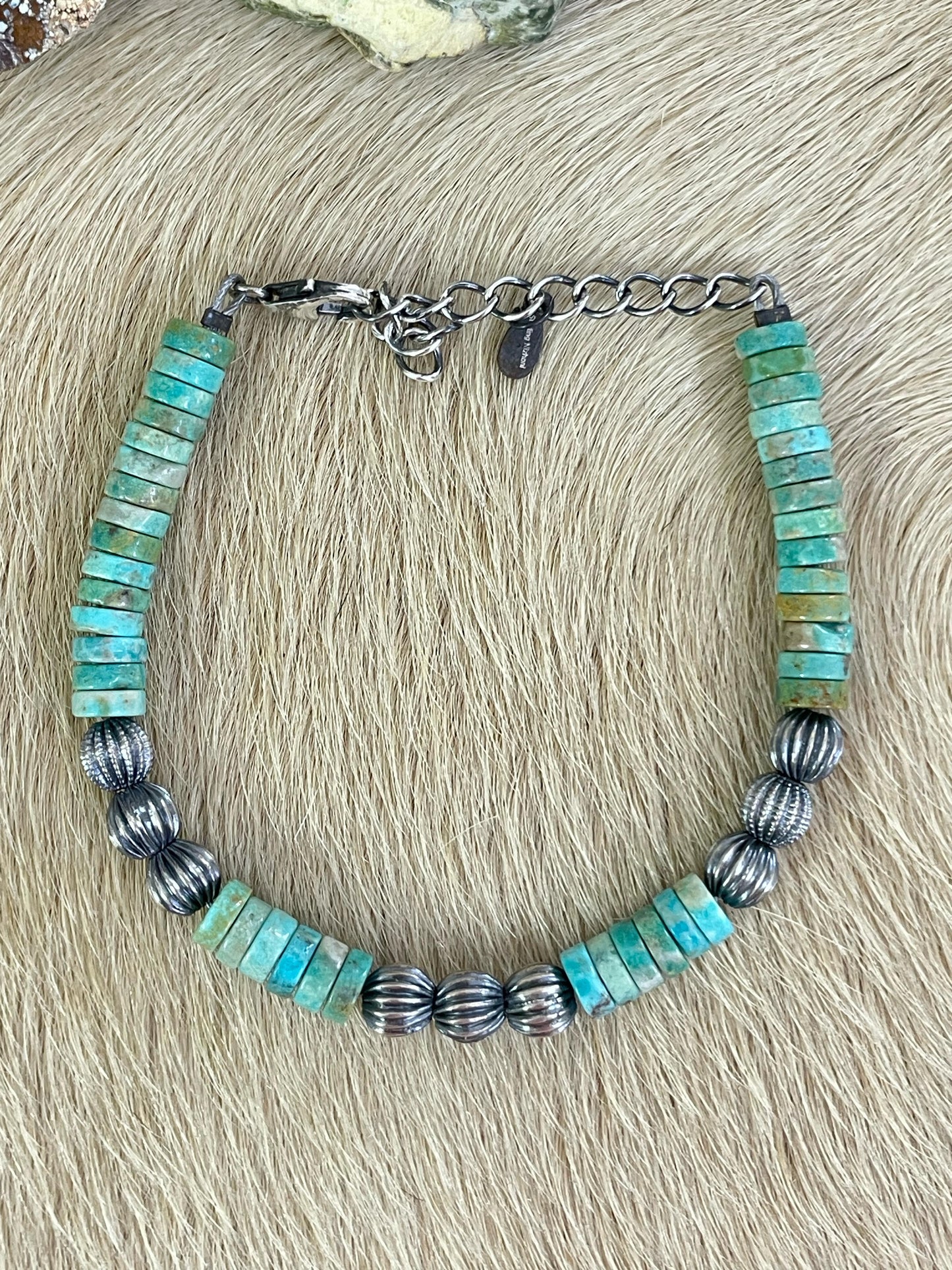 Handmade Sterling Silver Kingman Beaded Bracelet with Signed Nizhoni