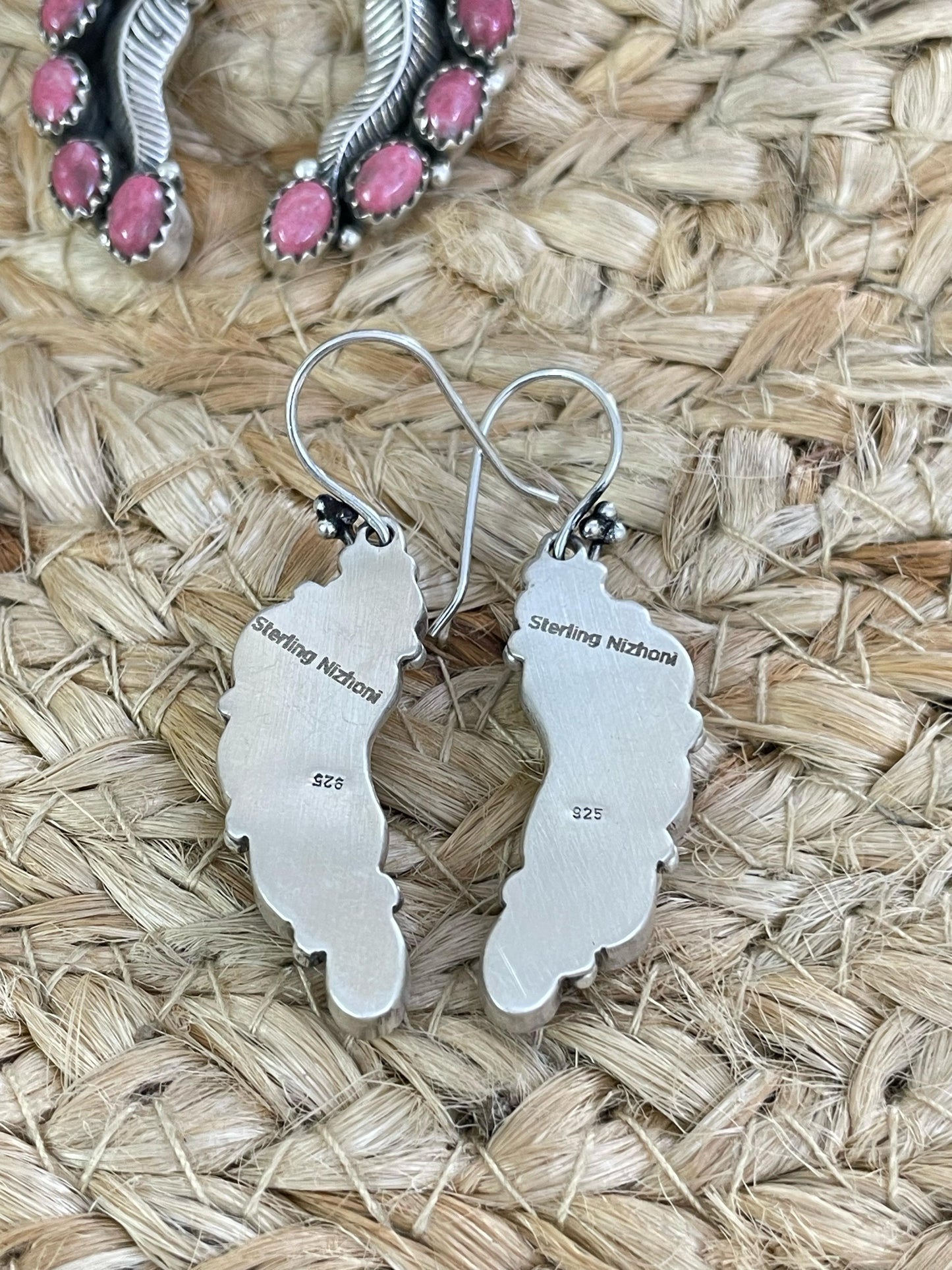 Handmade Sterling Silver Purple Kingman Mojave, Orange Mojave, Thulite, Kingman, Wild Horse Dangle Earrings with Signed Nizhoni