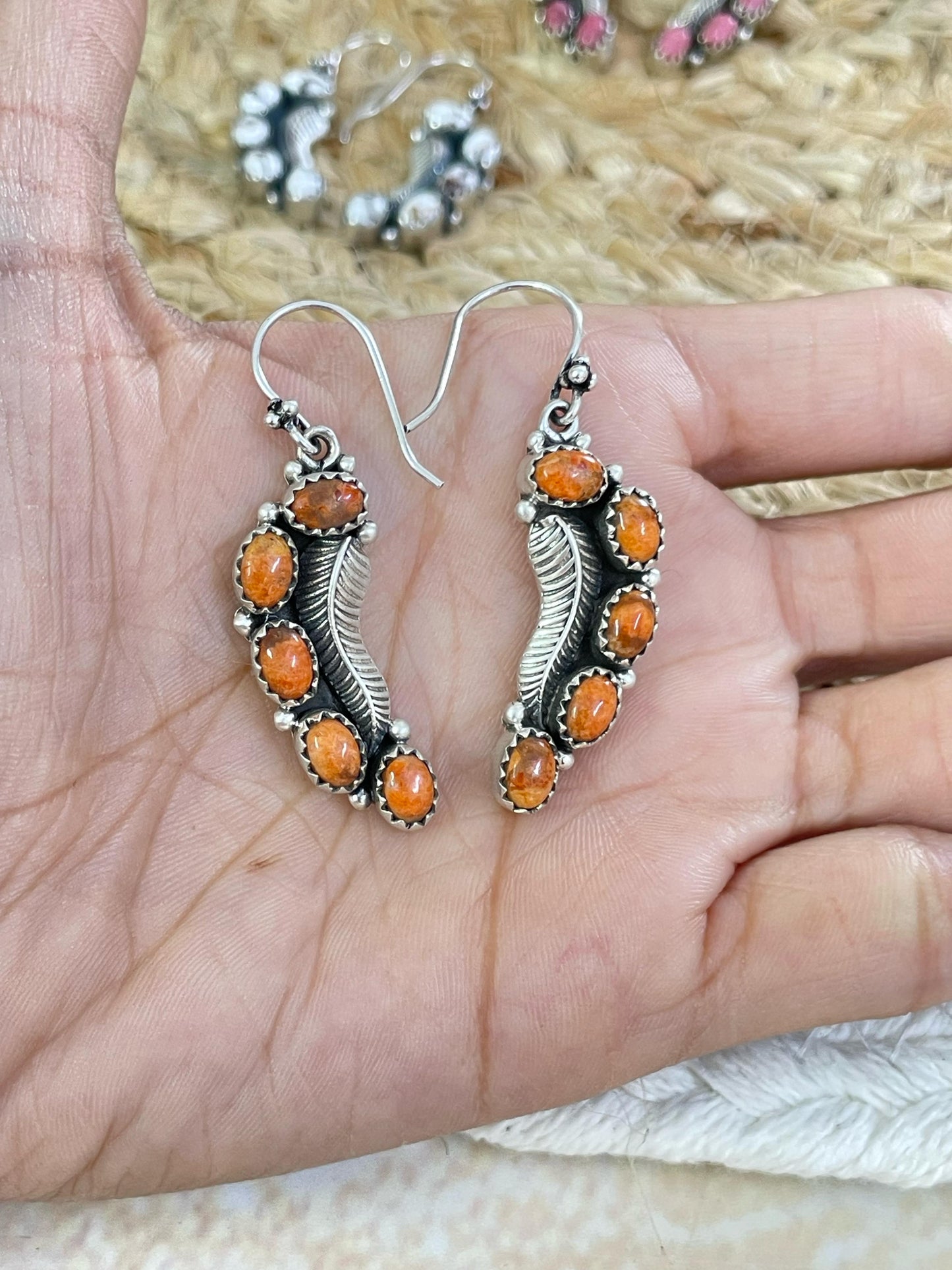 Handmade Sterling Silver Purple Kingman Mojave, Orange Mojave, Thulite, Kingman, Wild Horse Dangle Earrings with Signed Nizhoni