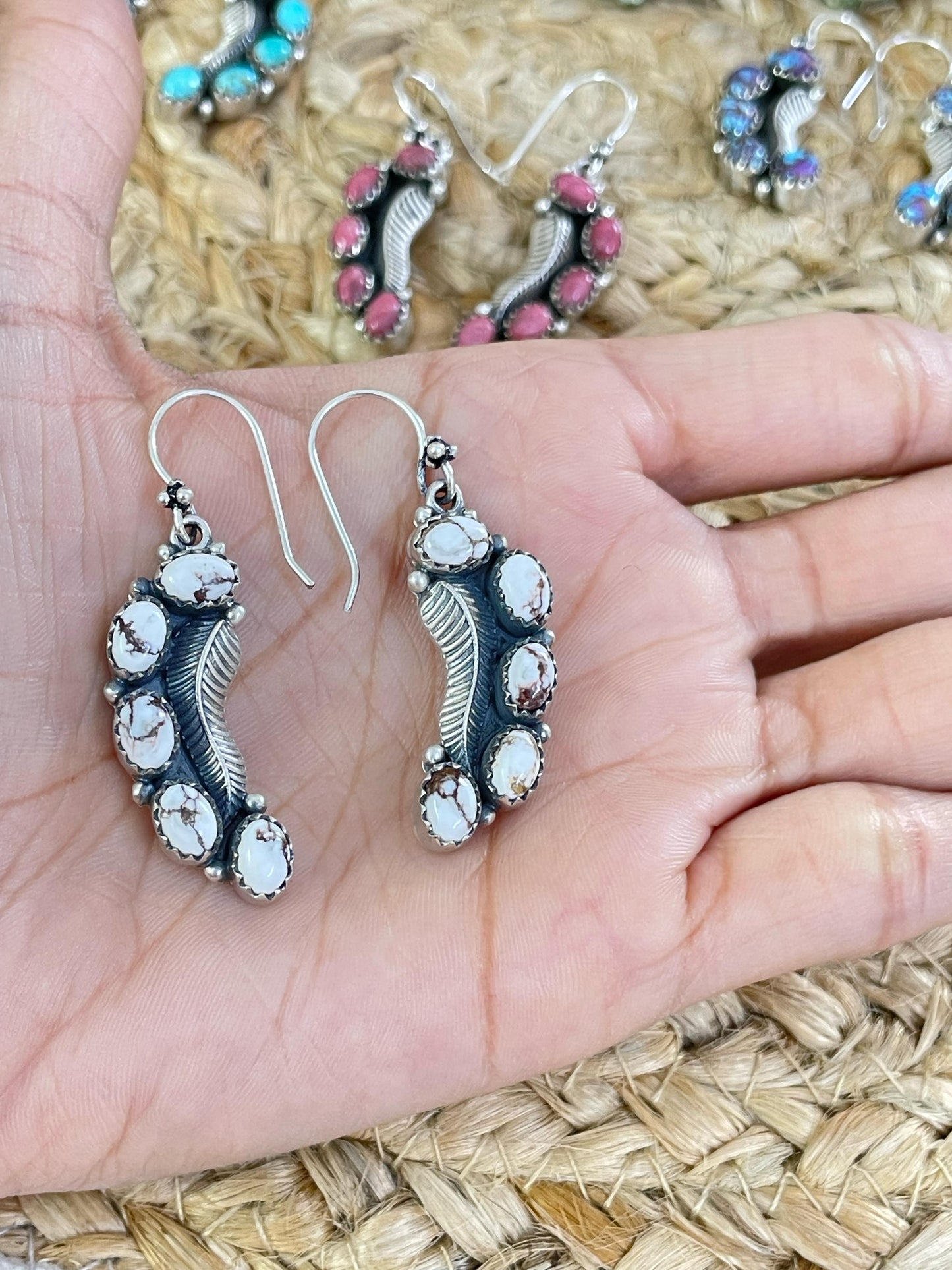 Handmade Sterling Silver Purple Kingman Mojave, Orange Mojave, Thulite, Kingman, Wild Horse Dangle Earrings with Signed Nizhoni