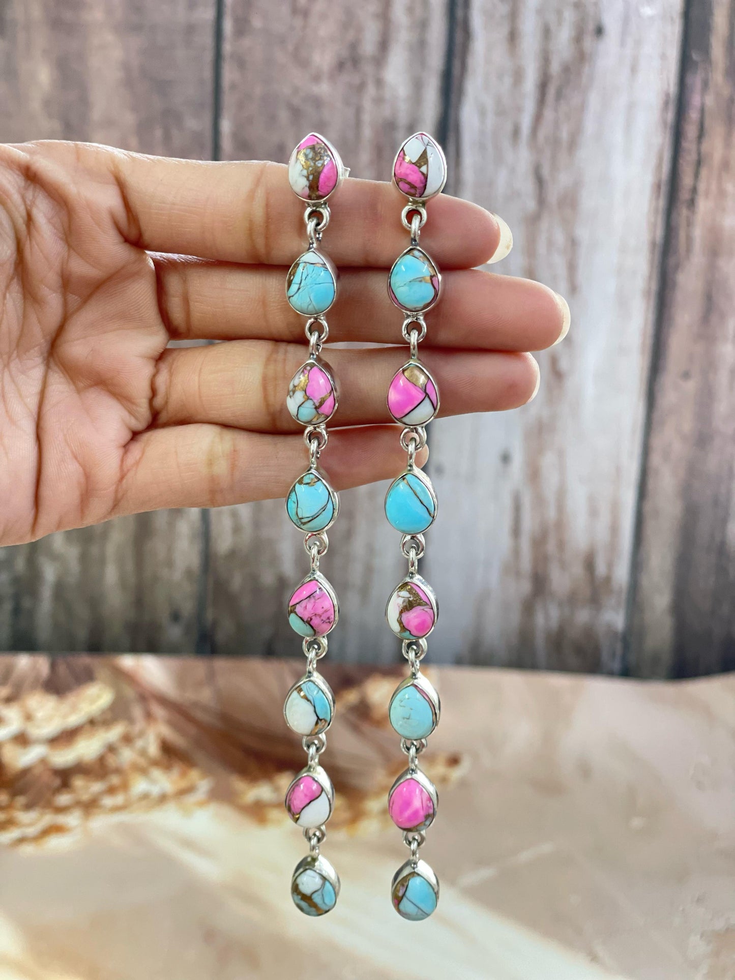 Handmade Sterling Silver Cotton Candy Turquoise, Post Earrings, Signed Nizhoni