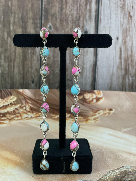 Handmade Sterling Silver Cotton Candy Turquoise, Post Earrings, Signed Nizhoni