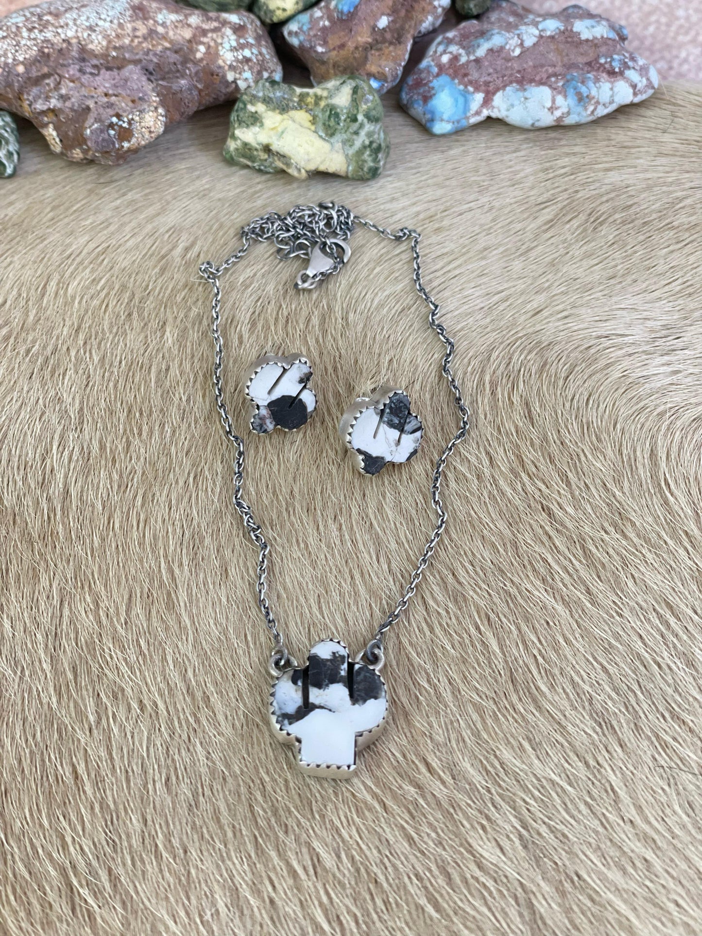 Handmade Sterling Silver White Buffalo Saguaro Necklace Earring Set with Signed Nizhoni