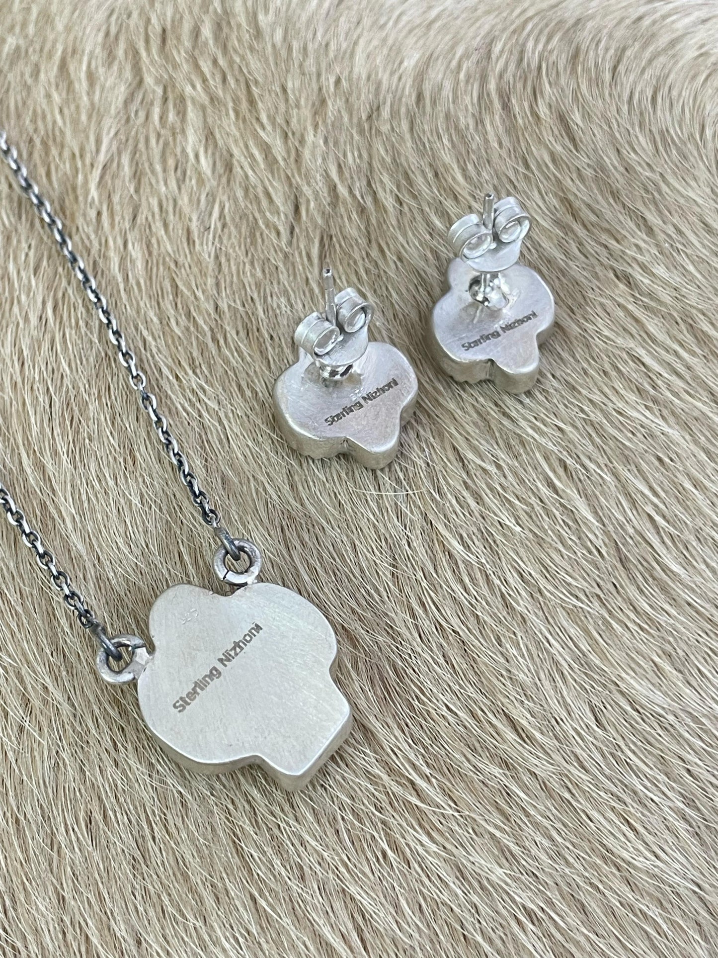 Handmade Sterling Silver White Buffalo Saguaro Necklace Earring Set with Signed Nizhoni