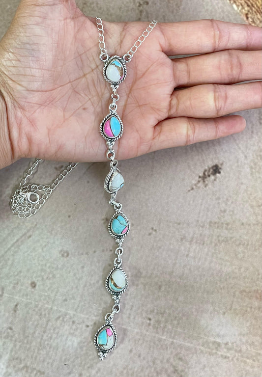 Handmade Sterling Silver Cotton Candy Turquoise Necklace, Signed Nizhoni