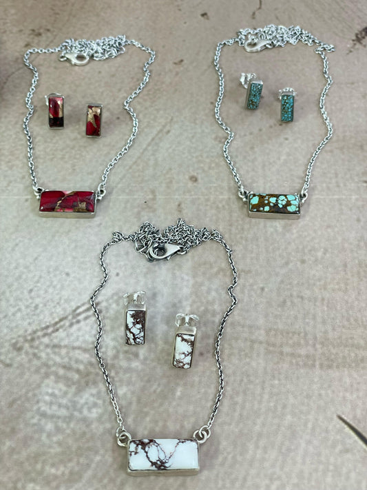 Handmade Sterling Silver Wild Horse, Red Rose Dahlia, No.8 Turquoise Necklace Post Earring Set with Signed Nizhoni