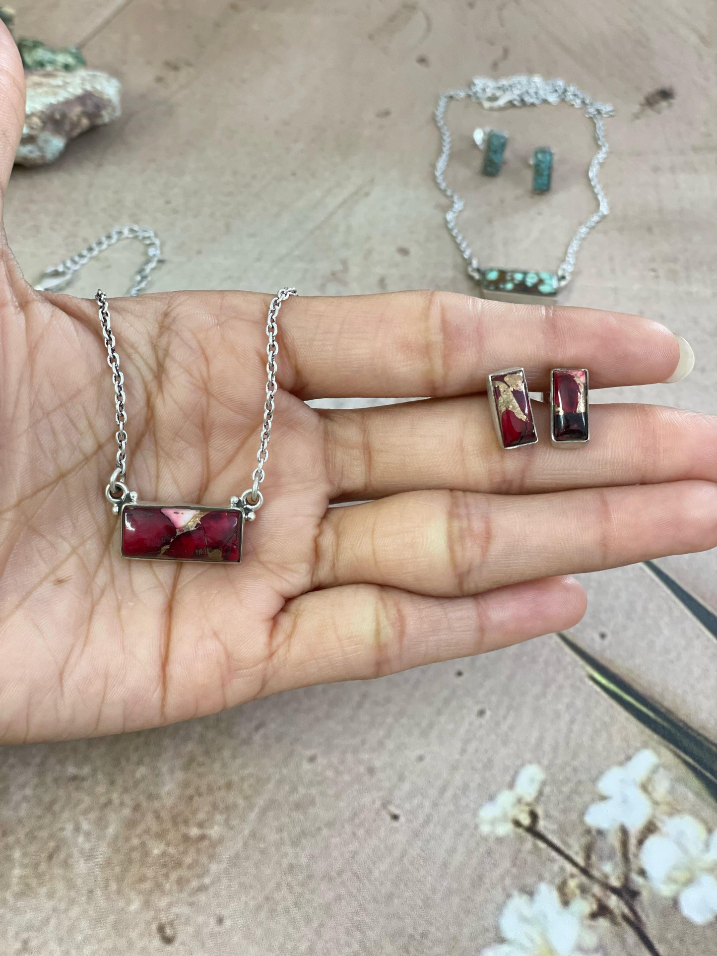 Handmade Sterling Silver Wild Horse, Red Rose Dahlia, No.8 Turquoise Necklace Post Earring Set with Signed Nizhoni
