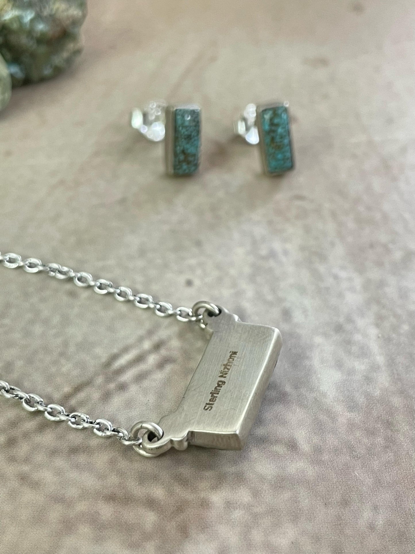Handmade Sterling Silver Wild Horse, Red Rose Dahlia, No.8 Turquoise Necklace Post Earring Set with Signed Nizhoni