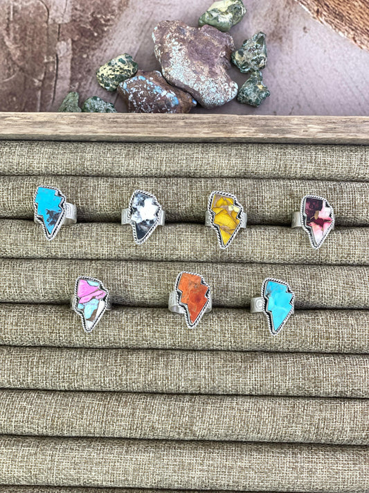 Handmade Sterling Silver Multi Gemstone Adjustable Lightening Bolt Ring with Signed Nizhoni