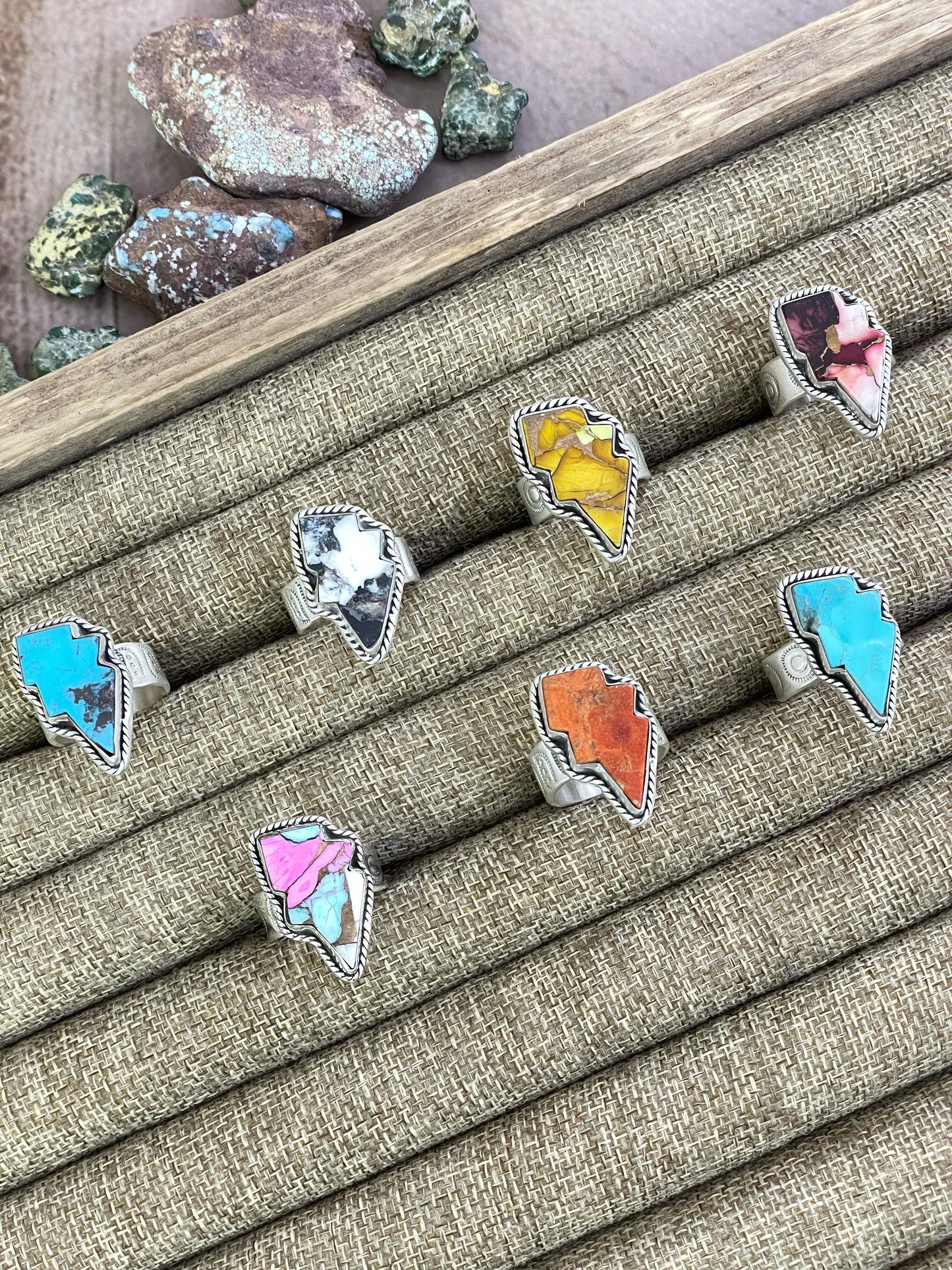 Handmade Sterling Silver Multi Gemstone Adjustable Lightening Bolt Ring with Signed Nizhoni