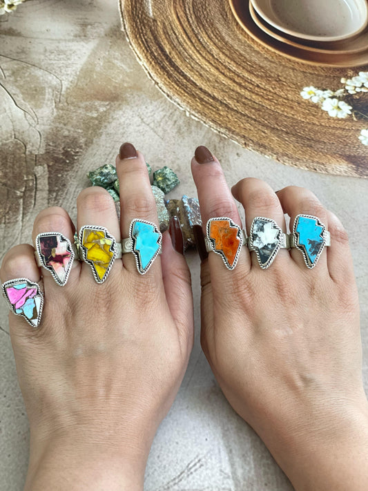 Handmade Sterling Silver Multi Gemstone Adjustable Lightening Bolt Ring with Signed Nizhoni