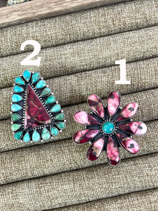 Handmade Silver Sterling Red Rose Dahlia with Emerald Valley Turquoise Adjustable Ring with Signed Nizhoni