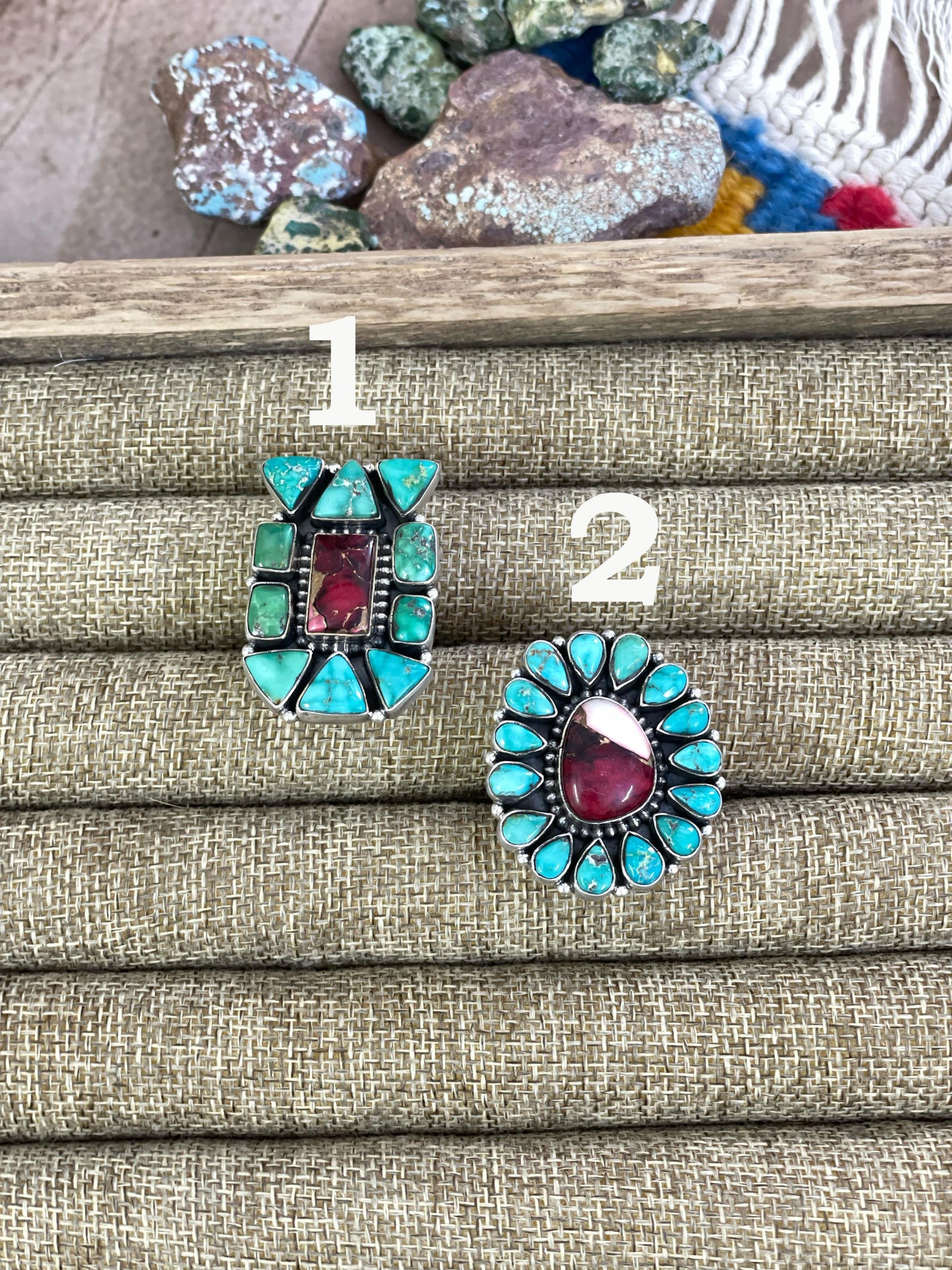Handmade Silver Sterling Red Rose Dahlia with Emerald Valley Turquoise Adjustable Ring with Signed Nizhoni