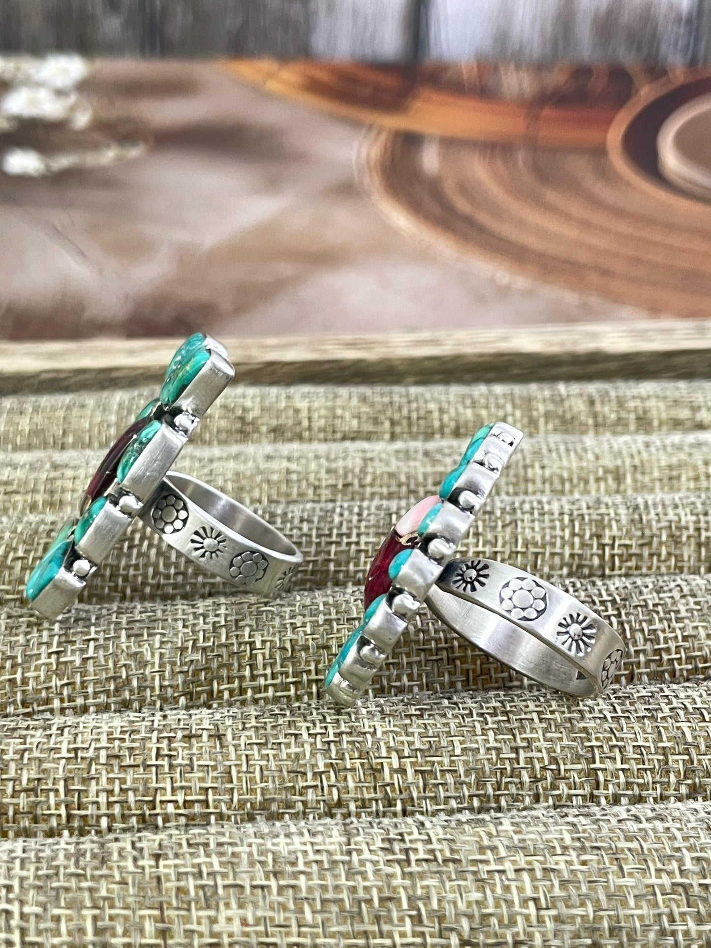 Handmade Silver Sterling Red Rose Dahlia with Emerald Valley Turquoise Adjustable Ring with Signed Nizhoni
