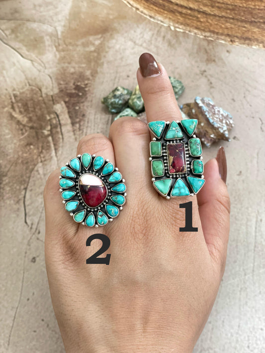 Handmade Silver Sterling Red Rose Dahlia with Emerald Valley Turquoise Adjustable Ring with Signed Nizhoni
