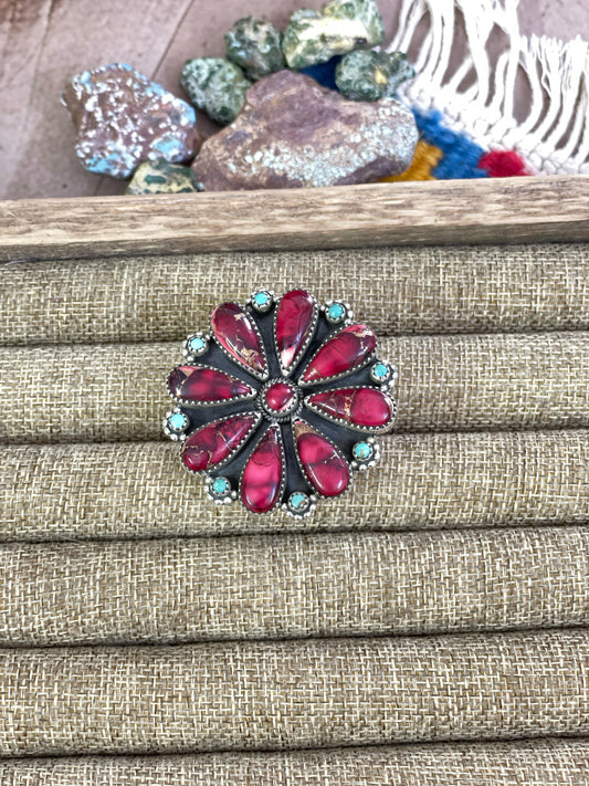 Handmade Sterling Silver Rose Dahlia with Kingman Turquoise Adjustable Ring, Signed Nizhoni