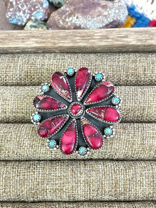 Handmade Sterling Silver Rose Dahlia with Kingman Turquoise Adjustable Ring, Signed Nizhoni