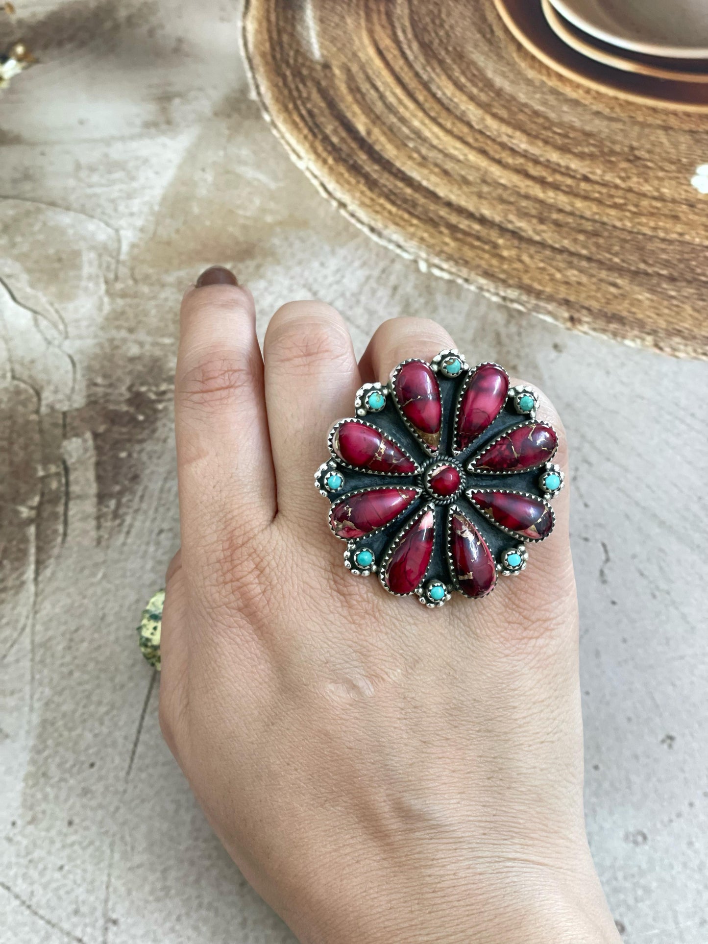 Handmade Sterling Silver Rose Dahlia with Kingman Turquoise Adjustable Ring, Signed Nizhoni