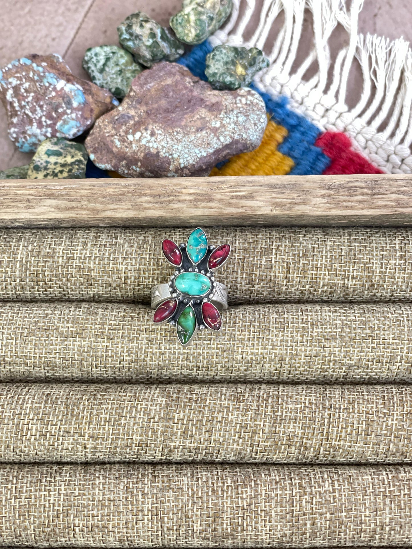 Handmade Sterling Silver Red Rose Dahlia with Emerald Valley Turquoise Adjustable Ring, Signed Nizhoni
