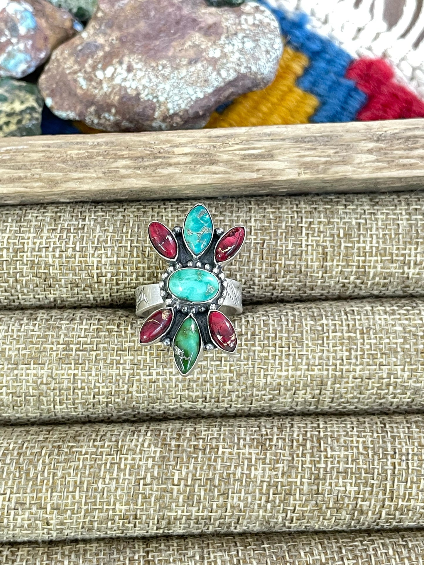 Handmade Sterling Silver Red Rose Dahlia with Emerald Valley Turquoise Adjustable Ring, Signed Nizhoni