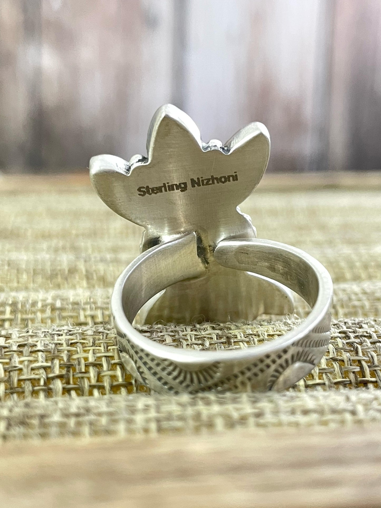 Handmade Sterling Silver Red Rose Dahlia with Emerald Valley Turquoise Adjustable Ring, Signed Nizhoni
