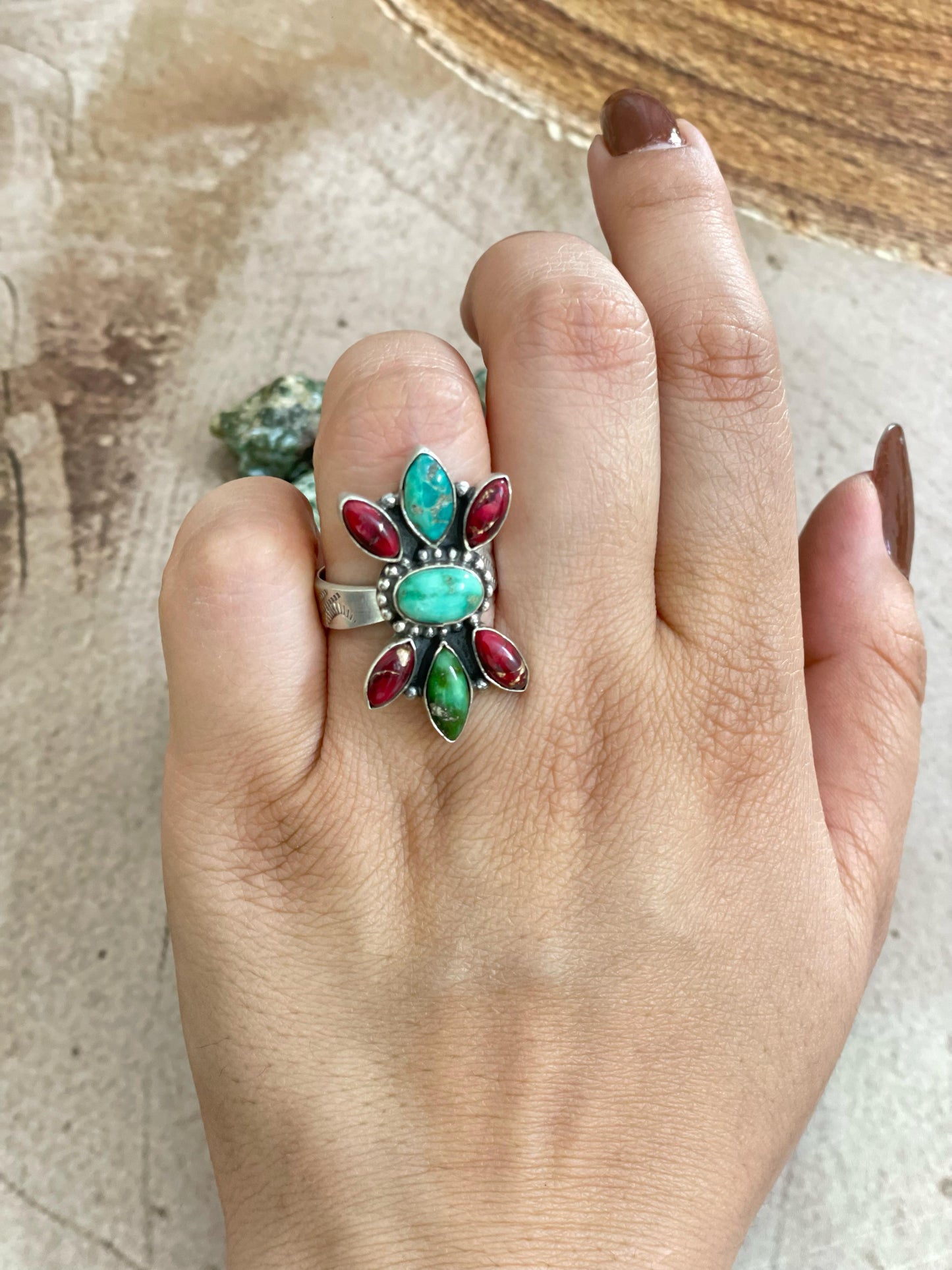 Handmade Sterling Silver Red Rose Dahlia with Emerald Valley Turquoise Adjustable Ring, Signed Nizhoni