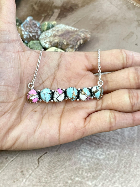 Handmade Sterling Silver Cotton Candy Turquoise Necklace, Signed Nizhoni