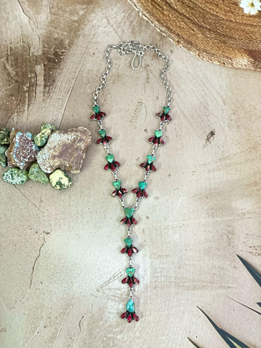 Handmade Sterling Silver Red Rose Dahlia with Emerald Valley Necklace, Signed Nizhoni