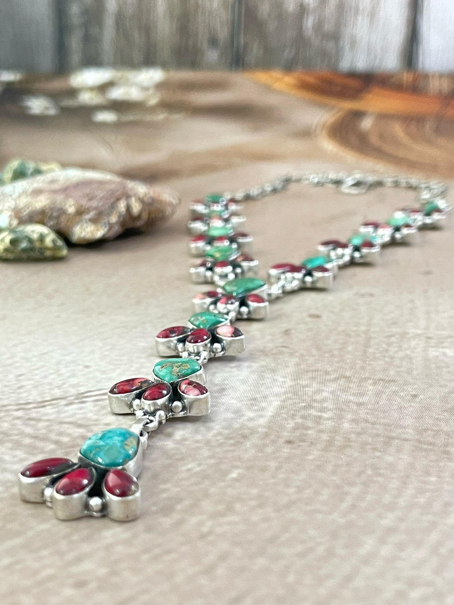 Handmade Sterling Silver Red Rose Dahlia with Emerald Valley Necklace, Signed Nizhoni