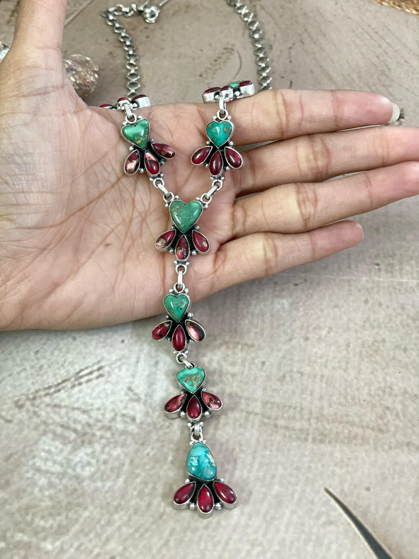 Handmade Sterling Silver Red Rose Dahlia with Emerald Valley Necklace, Signed Nizhoni
