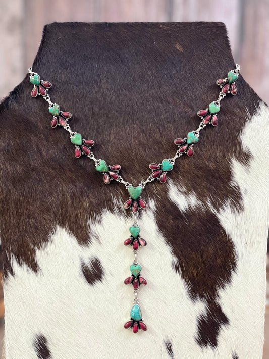 Handmade Sterling Silver Red Rose Dahlia with Emerald Valley Necklace, Signed Nizhoni