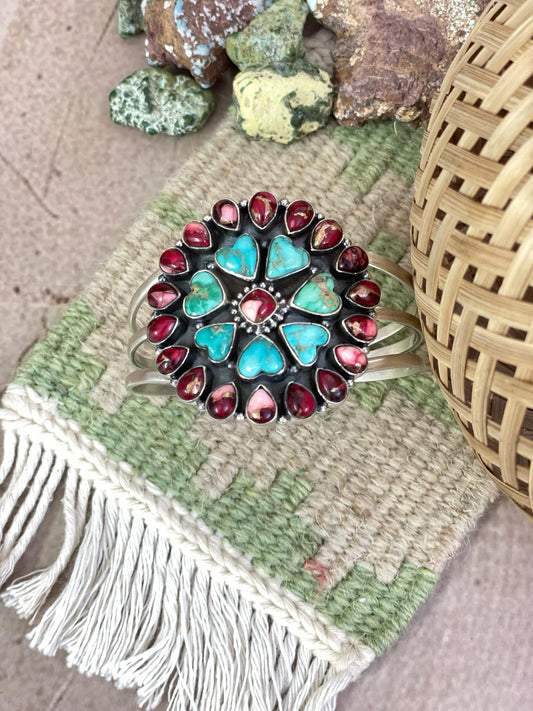 Handmade Sterling Silver Red Rose Dahlia with Emerald Valley Turquoise Cuff Bracelet, Signed Nizhoni