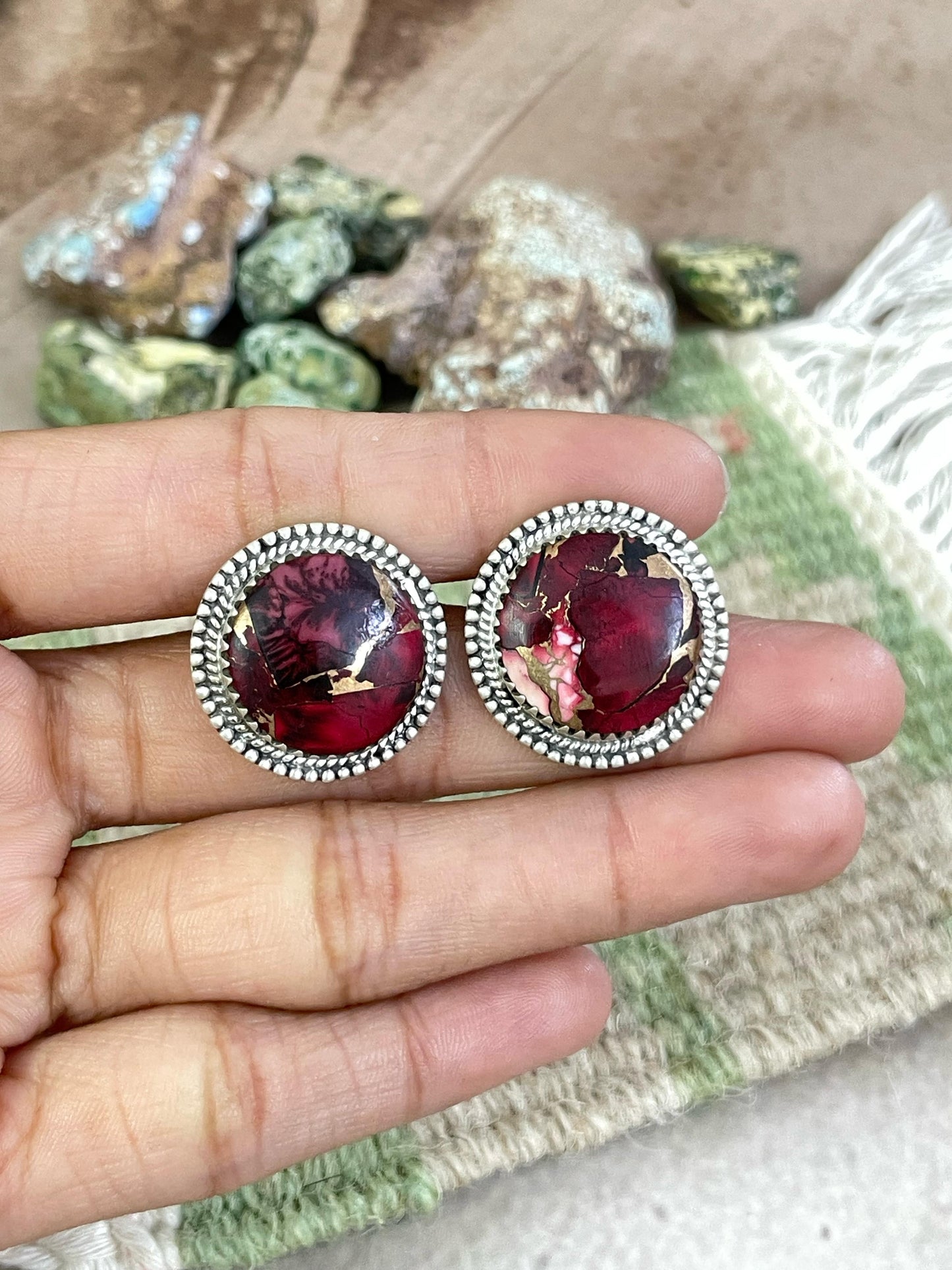 Handmade Sterling Silver Red Rose Dahlia Post Earrings with Signed Nizhoni