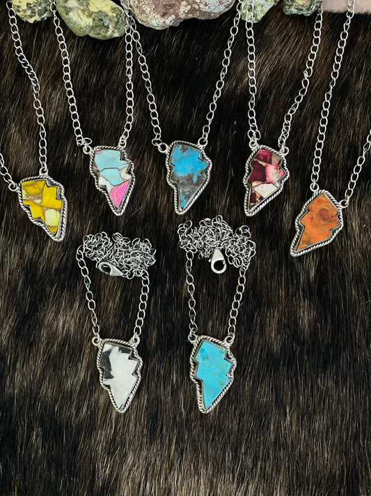 Handmade Sterling Silver Multi Gemstone Lightening Bolt Necklace with Signed Nizhoni