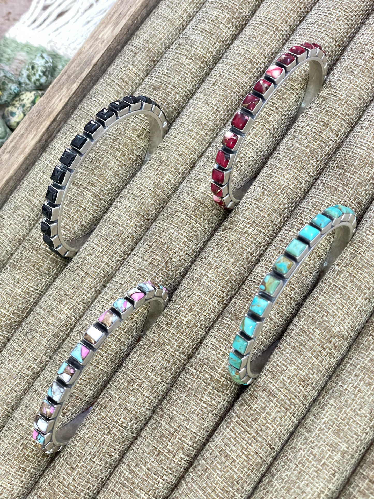 Handmade Sterling Silver Red Rose Dahlia, Cotton Candy, Black Onyx, Kingman Turquoise Bracelet with Signed Nizhoni