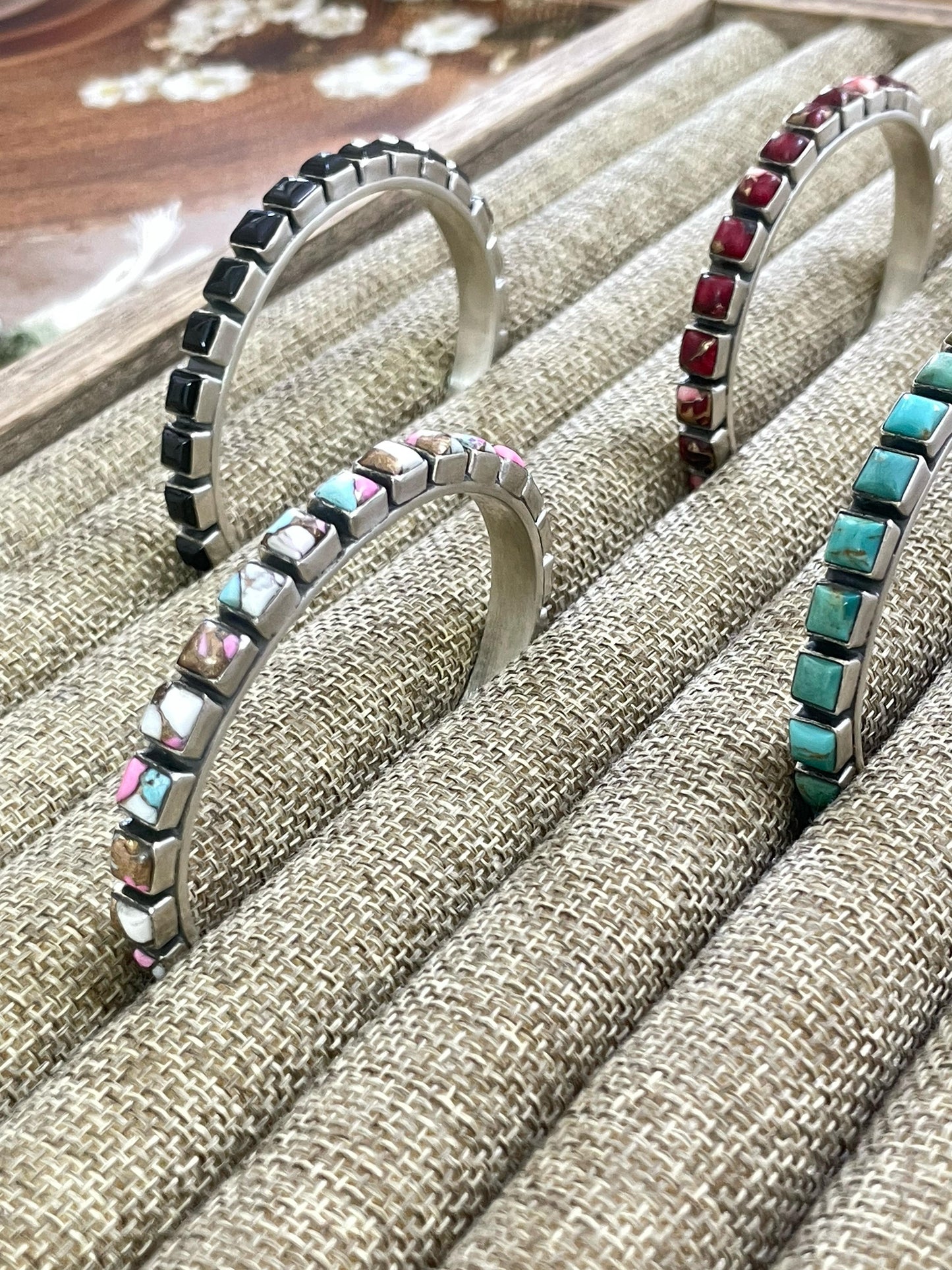 Handmade Sterling Silver Red Rose Dahlia, Cotton Candy, Black Onyx, Kingman Turquoise Bracelet with Signed Nizhoni