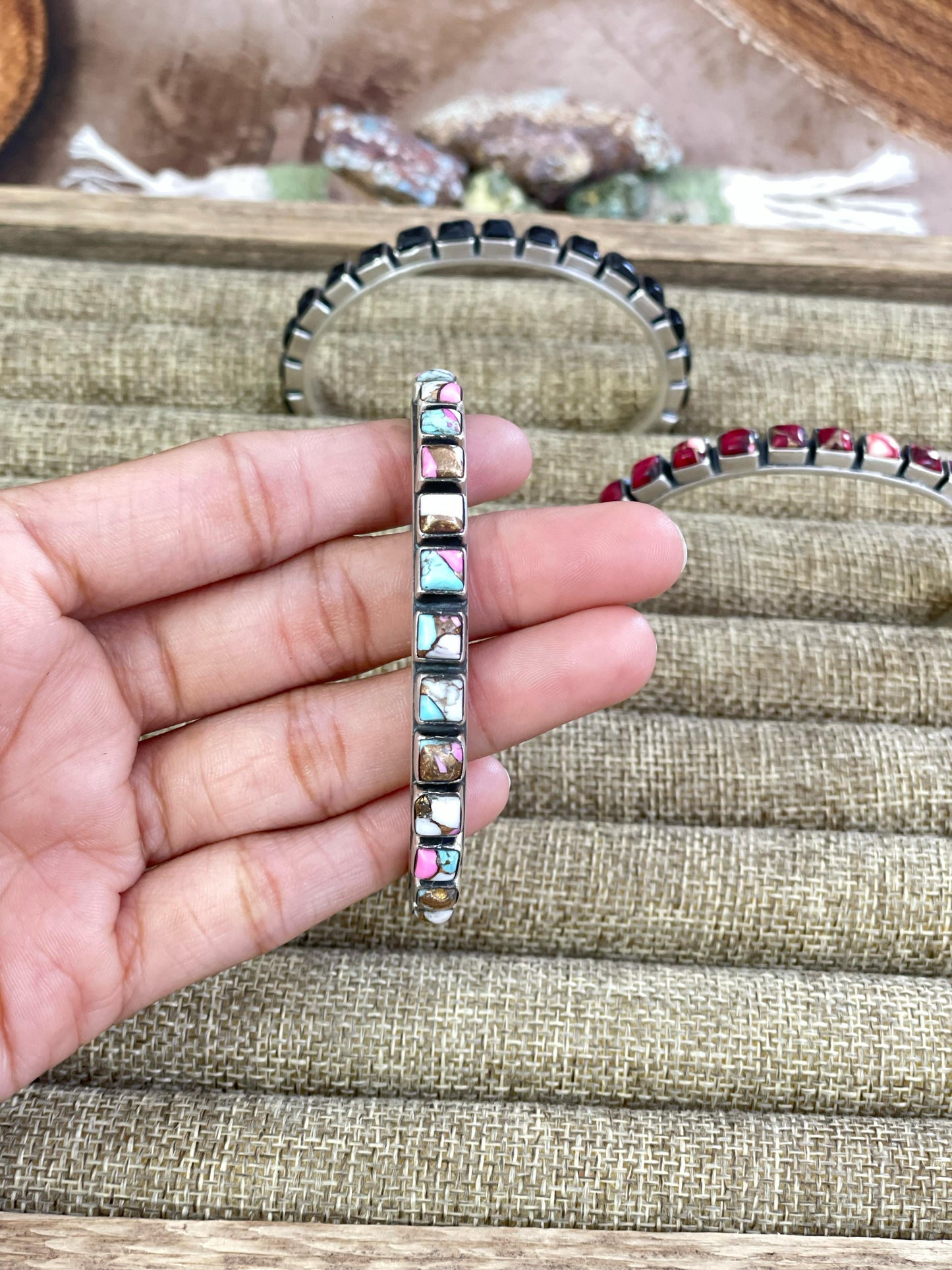 Handmade Sterling Silver Red Rose Dahlia, Cotton Candy, Black Onyx, Kingman Turquoise Bracelet with Signed Nizhoni