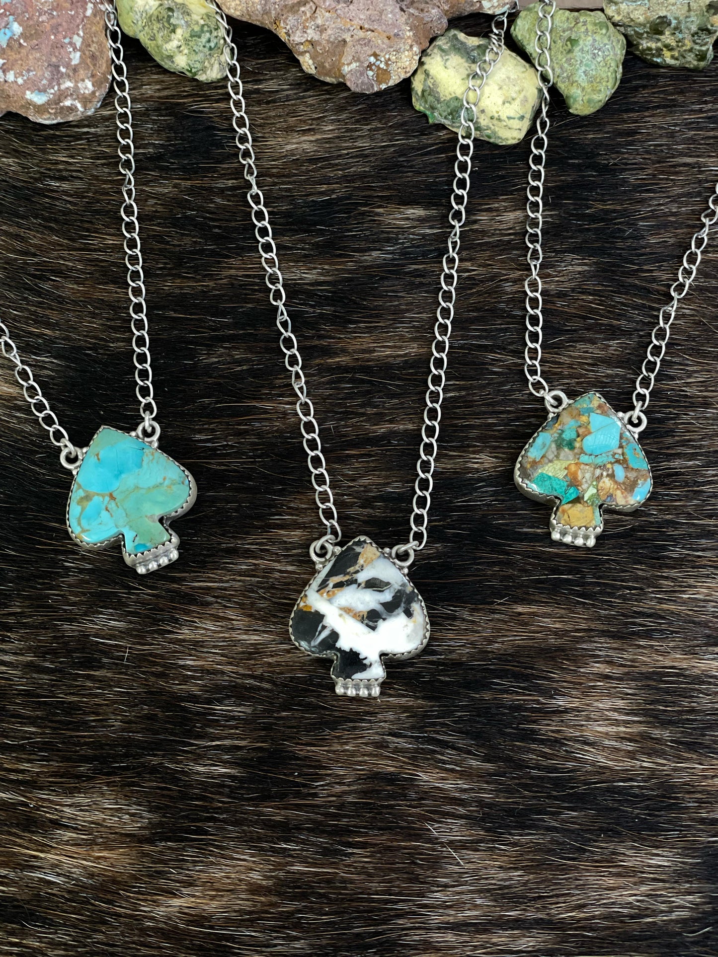 Handmade Sterling Silver White Buffalo, Kingman, Royston Turquoise Spade Necklace with Signed Nizhoni