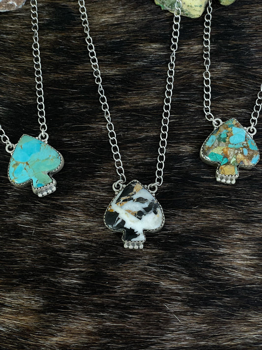 Handmade Sterling Silver White Buffalo, Kingman, Royston Turquoise Spade Necklace with Signed Nizhoni
