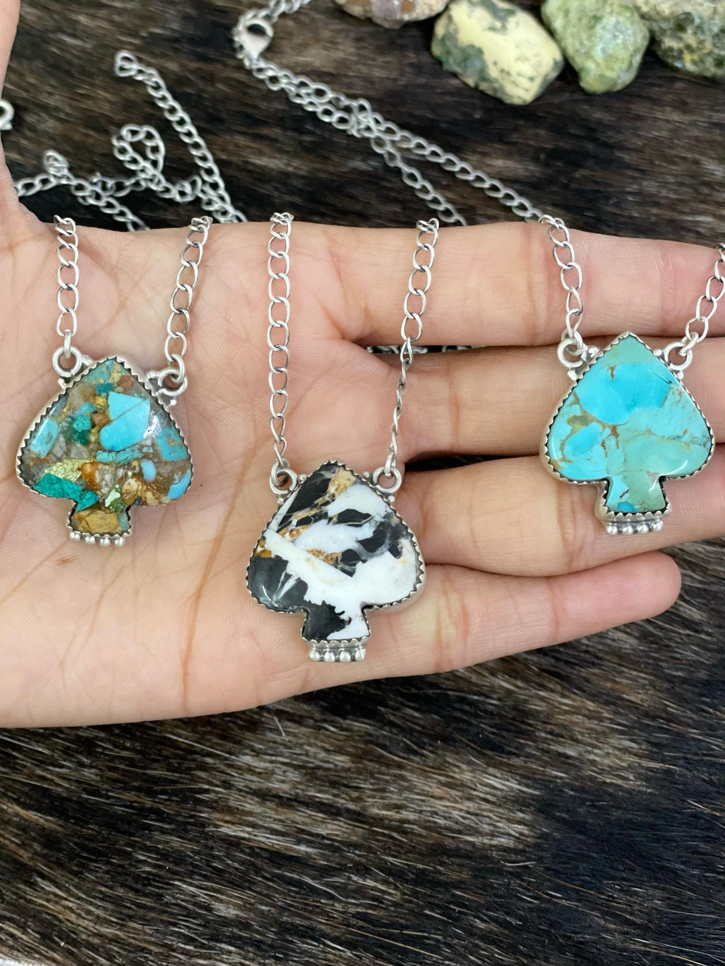 Handmade Sterling Silver White Buffalo, Kingman, Royston Turquoise Spade Necklace with Signed Nizhoni