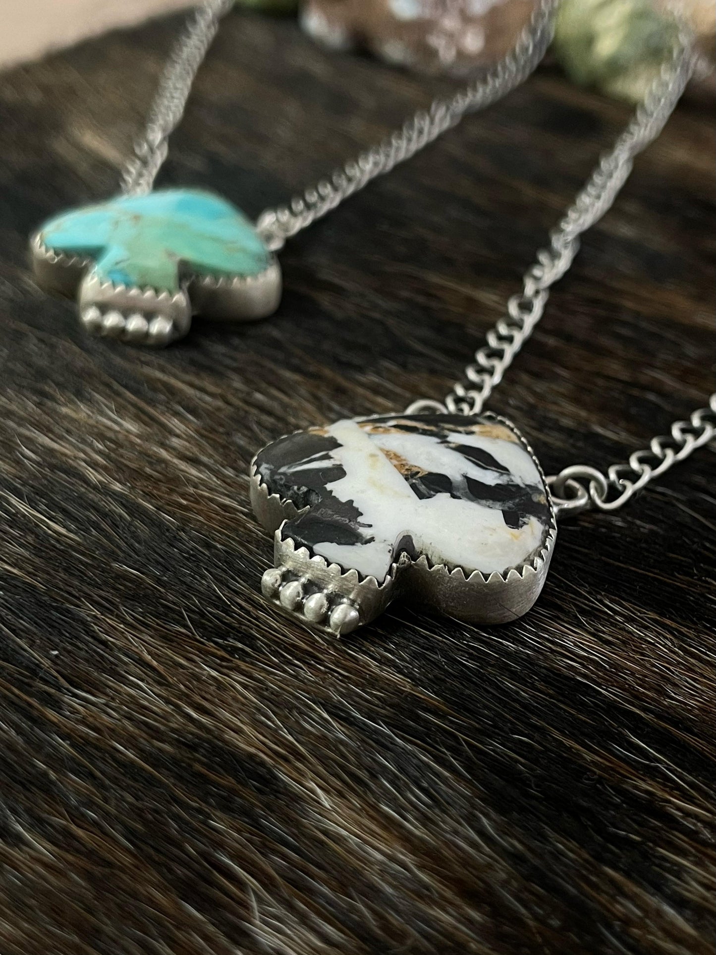 Handmade Sterling Silver White Buffalo, Kingman, Royston Turquoise Spade Necklace with Signed Nizhoni